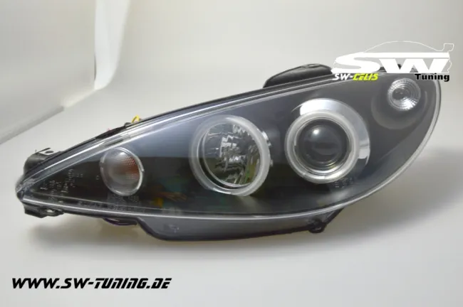 Angel eye headlights for Peugeot 206 99-07 LED 2 halo rims black