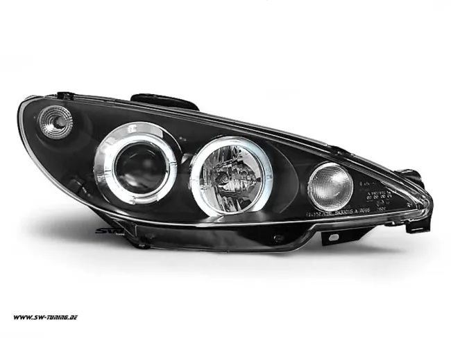 Angel eye headlights for Peugeot 206 99-07 LED 2 halo rims black