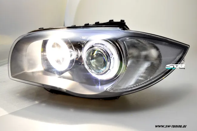 Angel eye headlights BMW 1 Series E87 E88 E81 E82 04-11 High LED halo rims Black