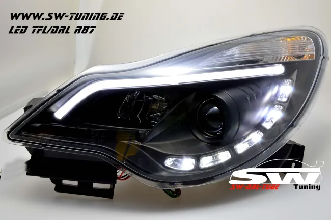 SW-DRLTube Scheinwerfer passend für Opel Corsa D Facelift 11-15 LED TFL R87 / Lighttube black