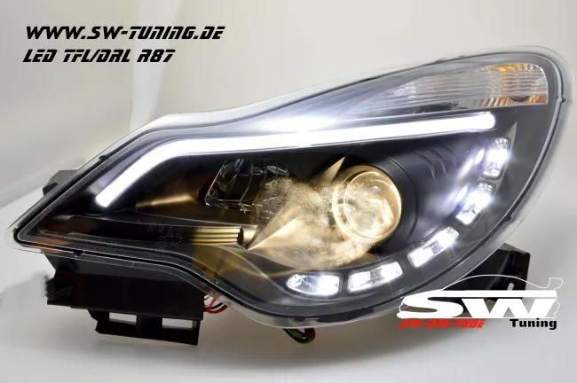 SW-DRLTube Scheinwerfer passend für Opel Corsa D Facelift 11-15 LED TFL R87 / Lighttube black
