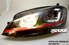 SW-DRLtube headlights VW Golf VII 12-15 black with LED DRL R87 RED-Line