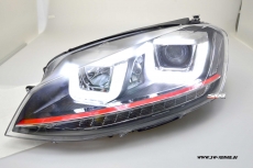 SW-DRLtube headlights VW Golf VII 12-16 black with LED Indicator U-DRL R87 RED-Line