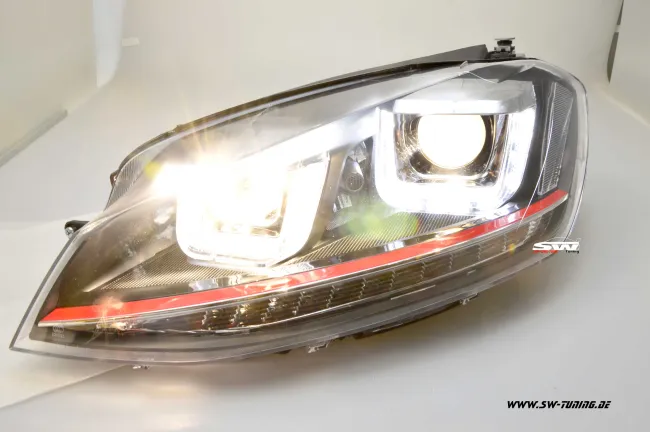 SW-DRLtube headlights VW Golf VII 12-16 black with LED Indicator U-DRL R87 RED-Line