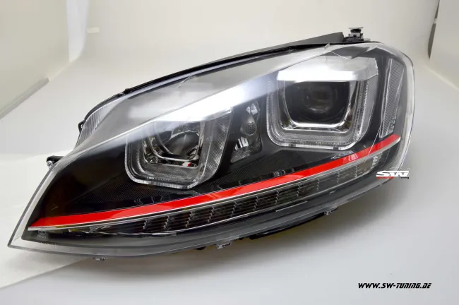 SW-DRLtube headlights VW Golf VII 12-16 black with LED Indicator U-DRL R87 RED-Line