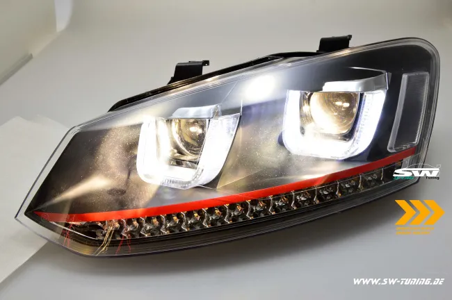 SW-Light Scheinwerfer passend für Polo V 6R 6C 10-17 LED U-Tube Standlicht / Wischblinker Black RED-Line