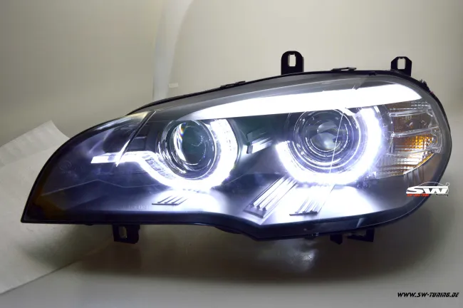 SW-DRLtube Angel Eye Xenon headlights for BMW X5 E70 07-10 High U-LED DRL black without AFS