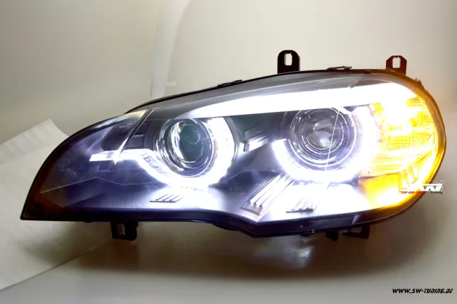 SW-DRLtube Angel Eye Xenon headlights for BMW X5 E70 07-10 High U-LED DRL black without AFS