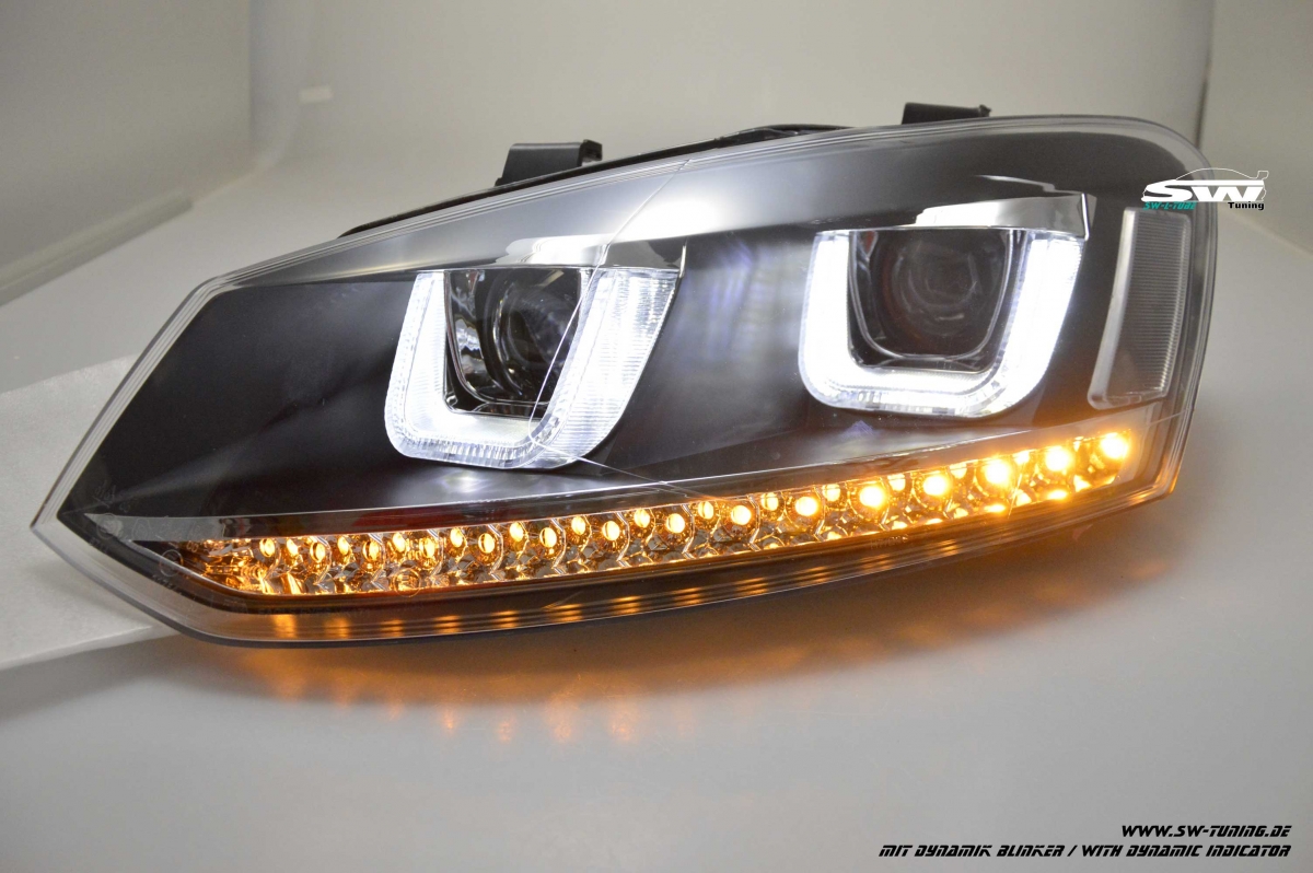 Scheinwerfer U-Tube Tagfahrlicht Optik für VW Polo 6R 6C Schwarz mit  dynamischem LED Blinker, Polo 6R, Polo, VW, Scheinwerfer